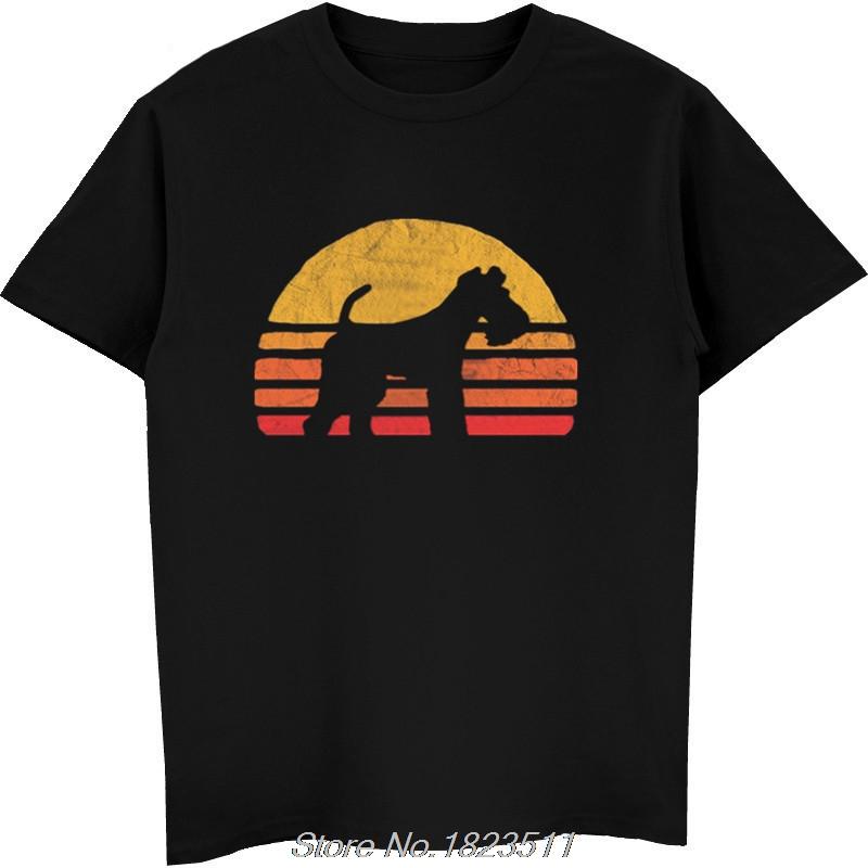 Retro Sun Wire Hair Fox Terrier Silhouette T-shirt Vintage Shirt For Dog Lovers Tee Shirt Men