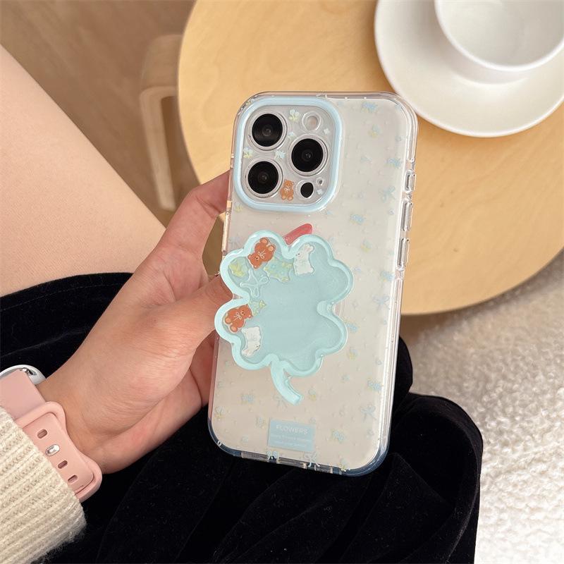 Korean Style Blue Floral 3D Little Bear Compatible Phone Case for iPhone 17/16 Pro Max/15 Pro