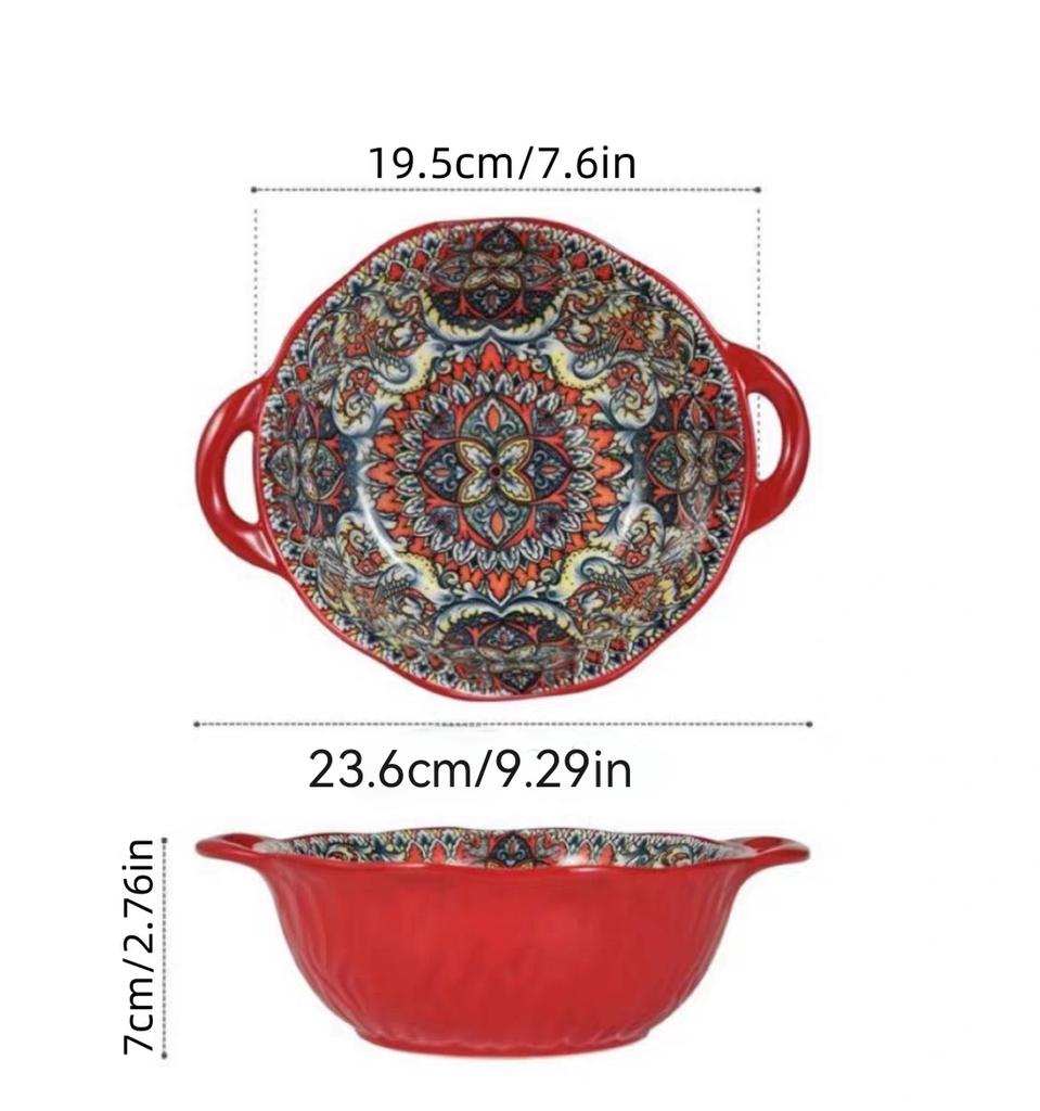 Керамическая суповая миска в богемном стиле с ручкой, безопасна для использования в микроволновой печи, рельефный дизайн. Отлично подходит для подачи супов, салатов и лапши рамэн.