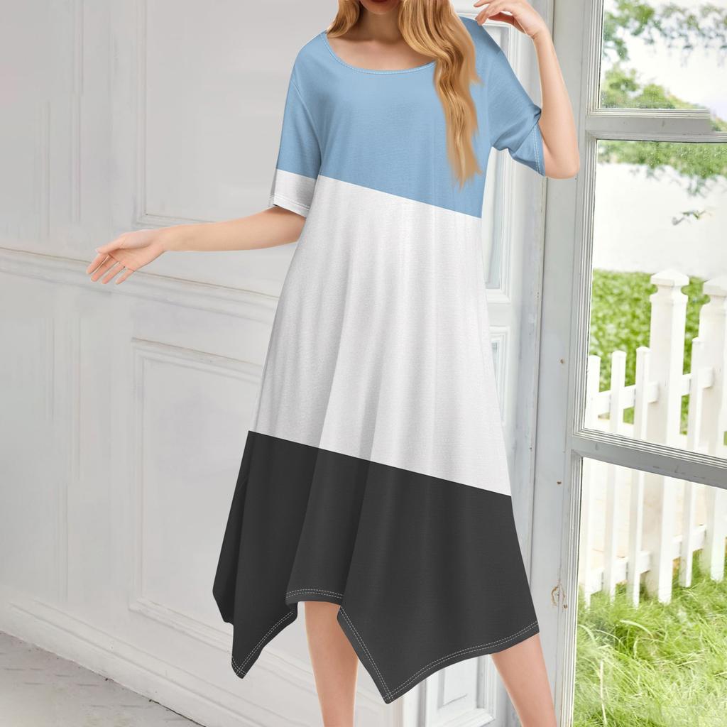 Женское повседневное модное платье миди с круглым вырезом и коротким рукавом с принтом и неровным подолом