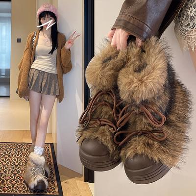 Французские зимние ботинки на толстой подошве, увеличивающие рост, женские осенне-зимние новые плюшевые теплые полусапоги, ретро пушистые ботинки, ботинки Мартин