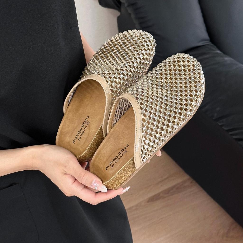 2025 лето стразы полные бриллианты рыболовная сетка баотоу большая голова баотоу полушлепанцы сандалии toboken обувь на плоской подошве женская обувь