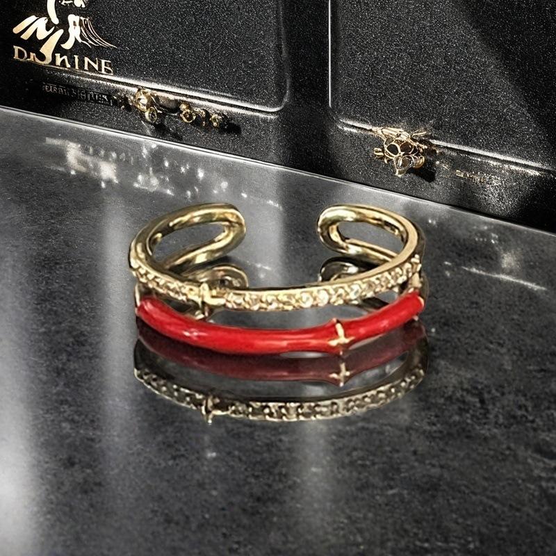 Red Oil Drop Tetragonal Star Open Ring Light Luxury Set Niche Design Sense Personality Full Of Diamonds Zircon Ring