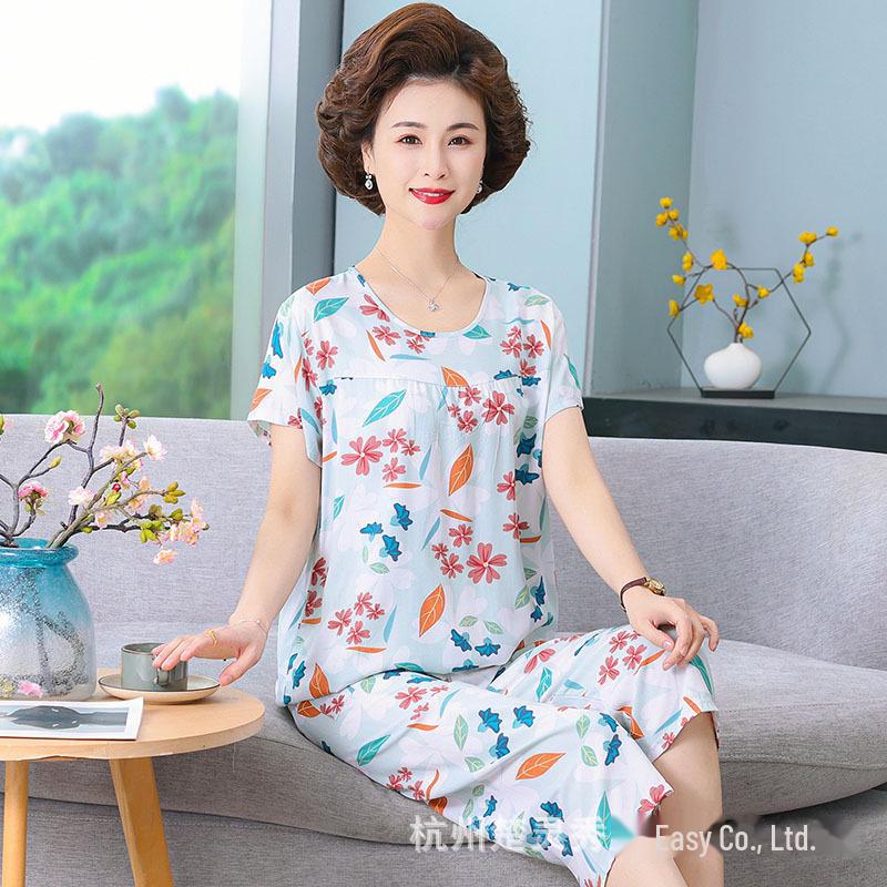 Женский летний пижамный комплект из хлопкового шелка - комплект из двух предметов с короткими рукавами для матерей среднего и пожилого возраста, подходит для ношения в помещении и на улице