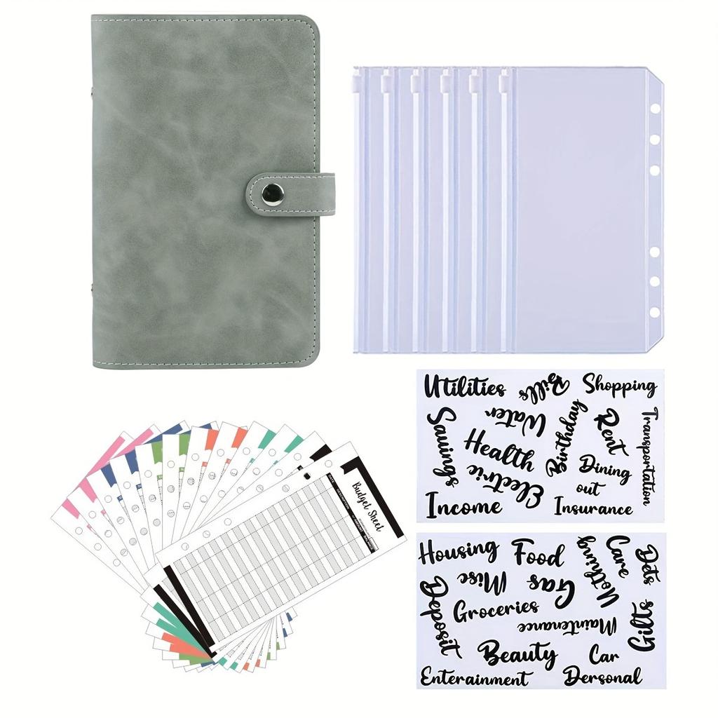 A6 Artificial Leather Button Closure Binder with Cash Envelope Pocket and Replacement Storage Bag, Perfect for Budgeting and Savings in Daily Life