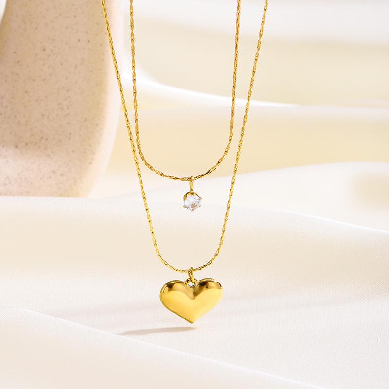 Women's 18K Gold Plated Stainless Steel Sporty Bamboo Chain Heart Zircon Pendant Necklace for Anniversaries