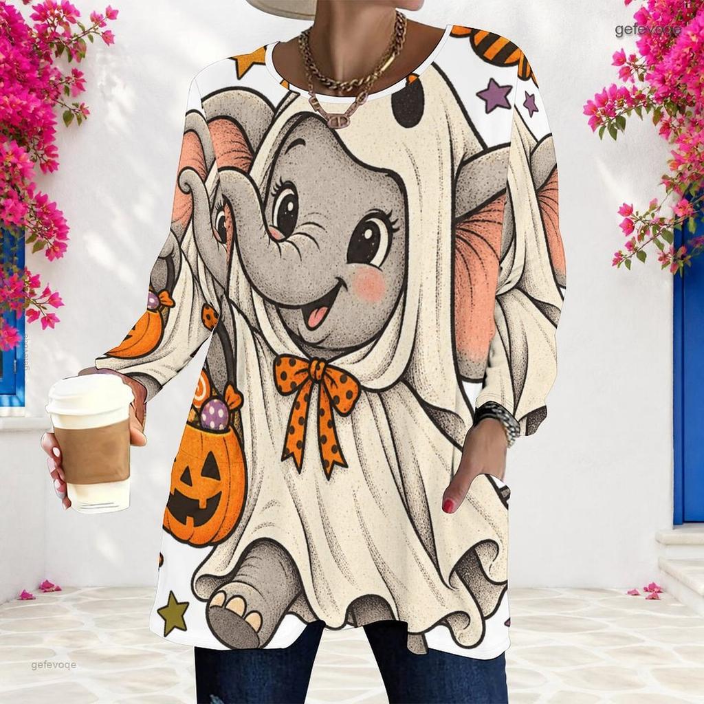 Women Plus Size Round Neck Long Sleeve Halloween Sloth Printed T Shirt Loose Longline With Pockets