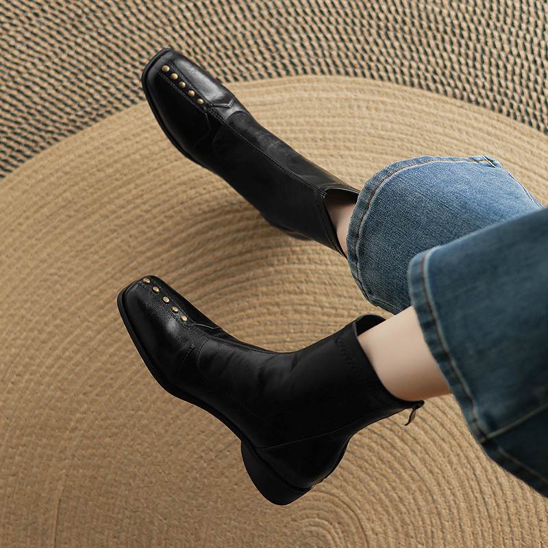 Krazing Pot Зимние ботильоны из микрофибры с квадратным носком, современный размер 33, размер 43, металлические заклепки, средний каблук, на молнии, женские ботильоны