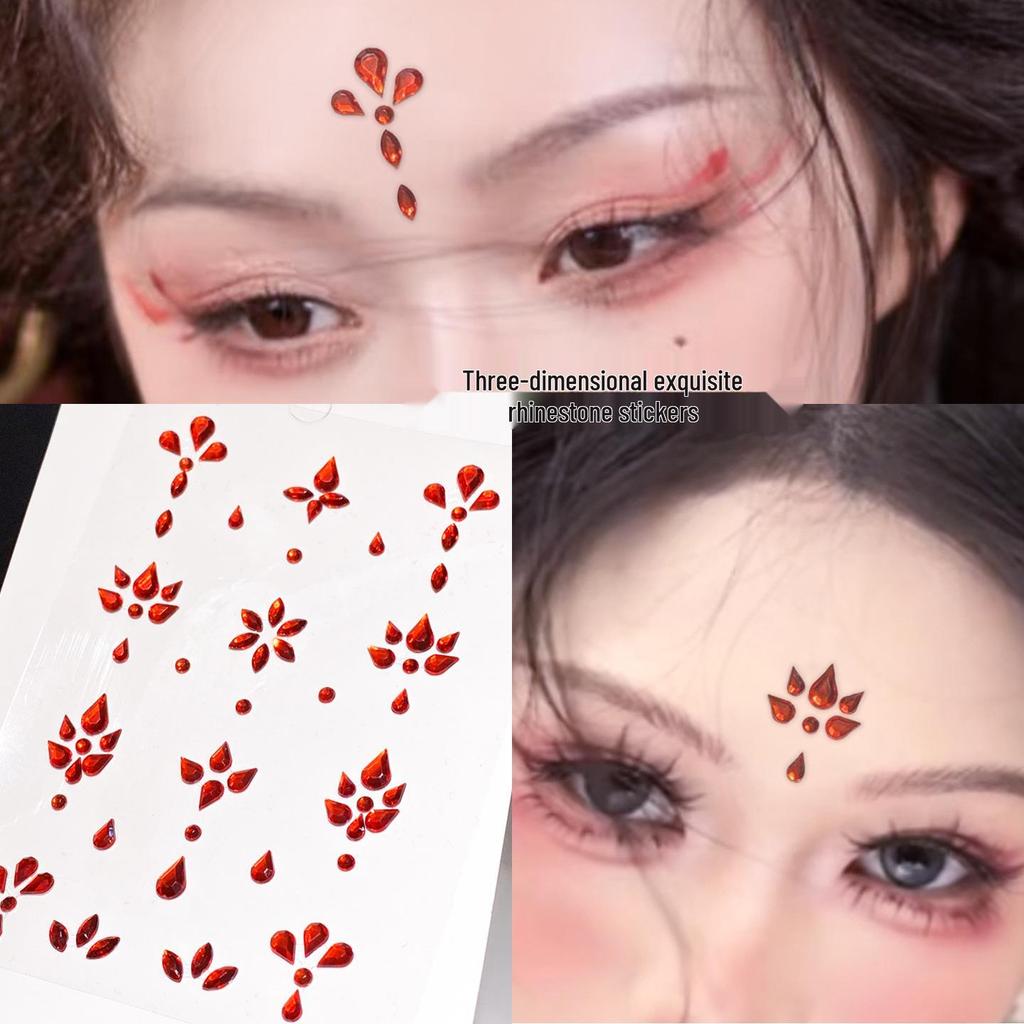 Древний стиль Красный головной убор с горным хрусталем на лоб и наклейки для украшения лица для макияжа в стиле Ханьфу