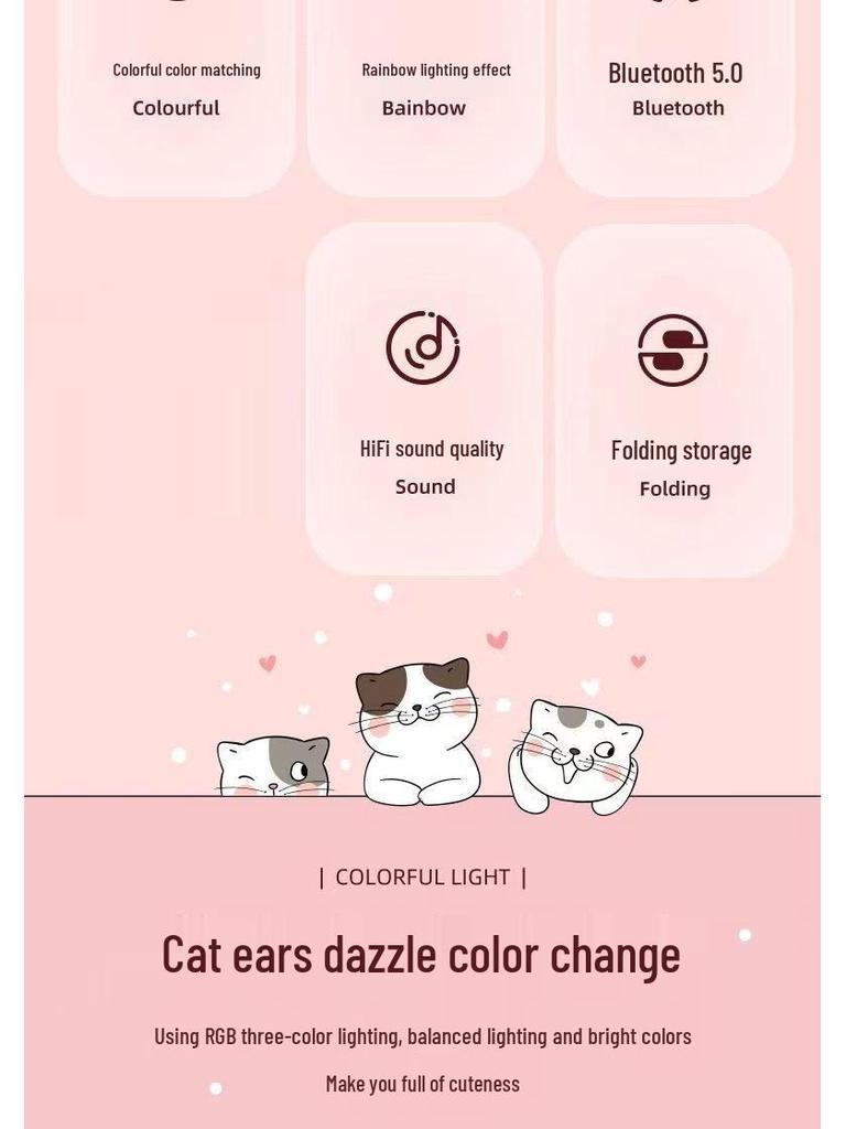 STN-28 Luminous Cat Ear Wireless Bluetooth Headset with Heavy Bass, Over-ear, Sport & Card Slot