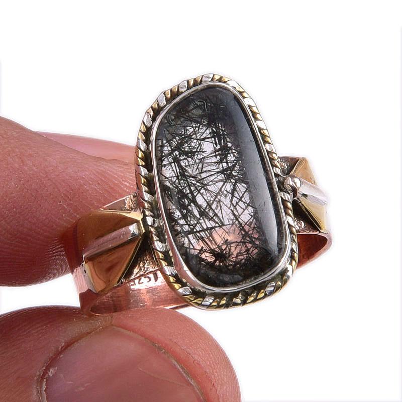 Natural Black Rutile Gemstone Two Tone 925 Sterling Silver Gift Ring S.10 S3c32