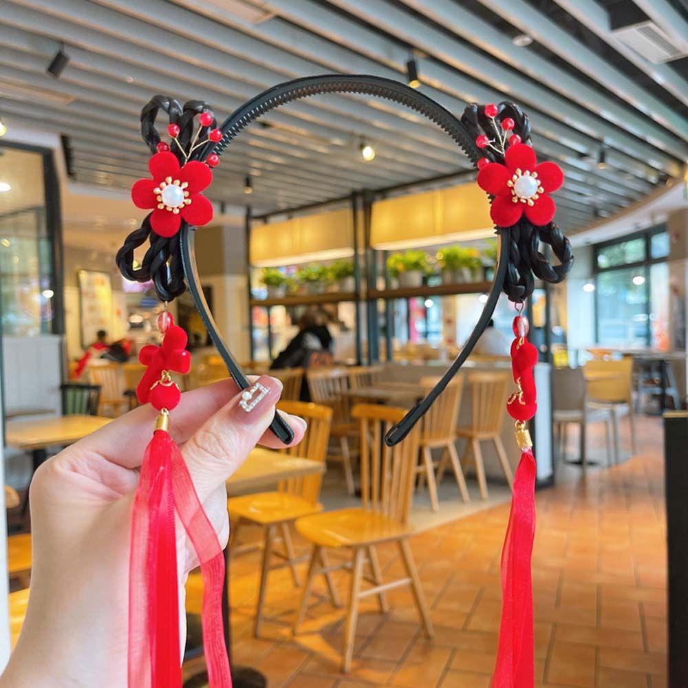 Elastic Cute Girls Pearl Bow Pigtail Wig Flower New Year Headress Children's Headband Chinese Style Hair Band Hanfu Hair Hoop