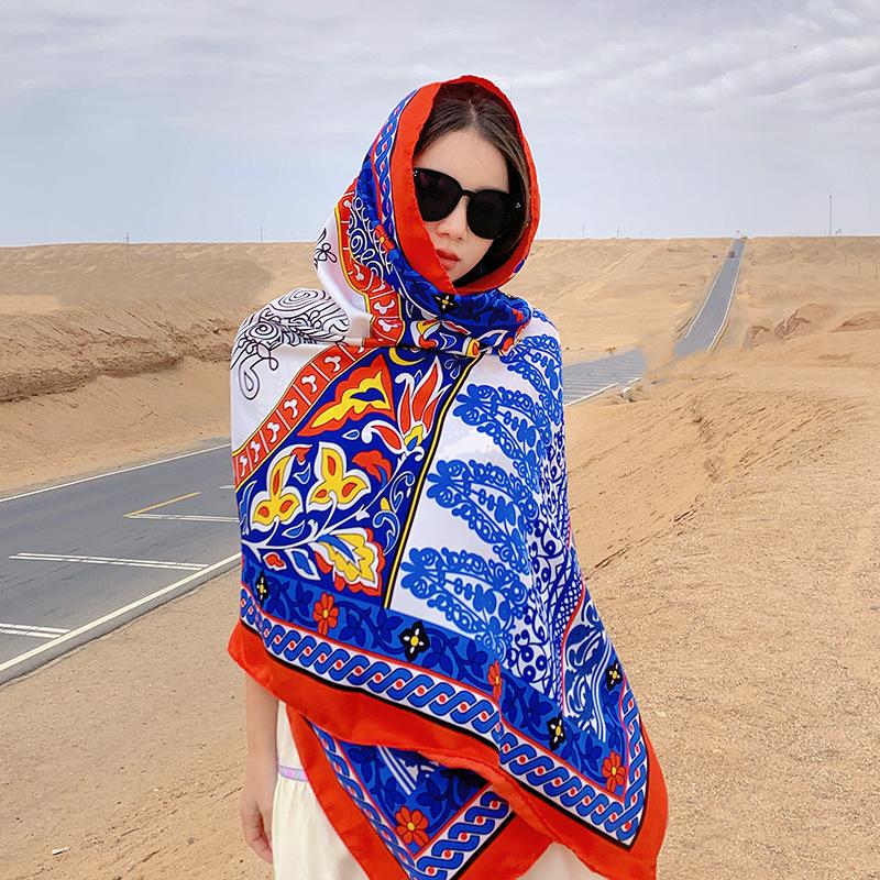 Summer cotton and linen feel scarf travel silk scarf sun protection air conditioner large shawl women's beach towel ethnic style scarf