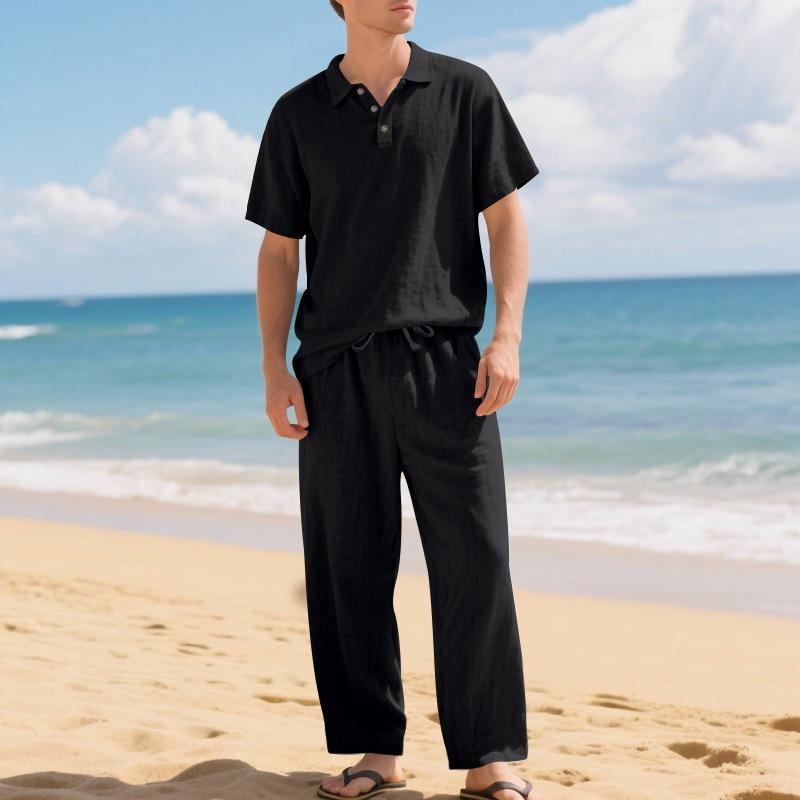 IHUASU Men's Fashion Casual Summer Spring Short Sleeve POLO Neck Pants Suits Elegant
