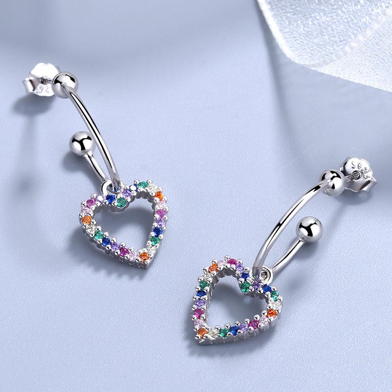 Серьги в форме сердца из стерлингового серебра S925 с цветным цирконием, милые элегантные серьги, серебряные ювелирные изделия