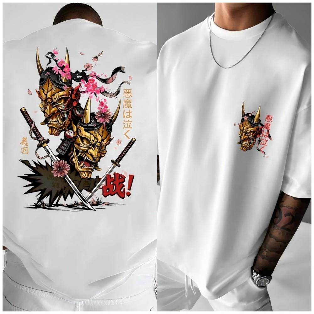 Oni mask cotton Tshirt Unisexs streetwear graphic tee japanese anime style vintage casual fashion oversized