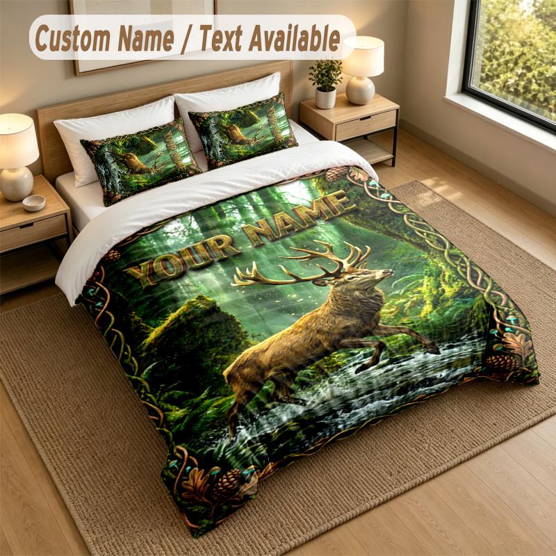 Deer Theme Personalized 3Pcs Bedding Set Custom Text & Name 1 Sheet 2 Pillowcases Household Bedding 1pc