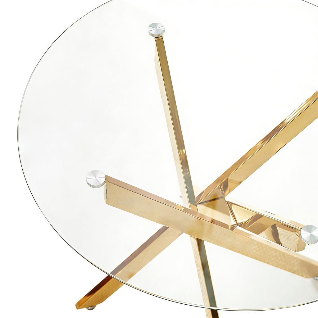 Dining Table with Cross Metal Leg and Tempered Glass, Modern Space-Saving Kitchen Table for Living Room, Round Table, Golden Legs, 80x80x75cm