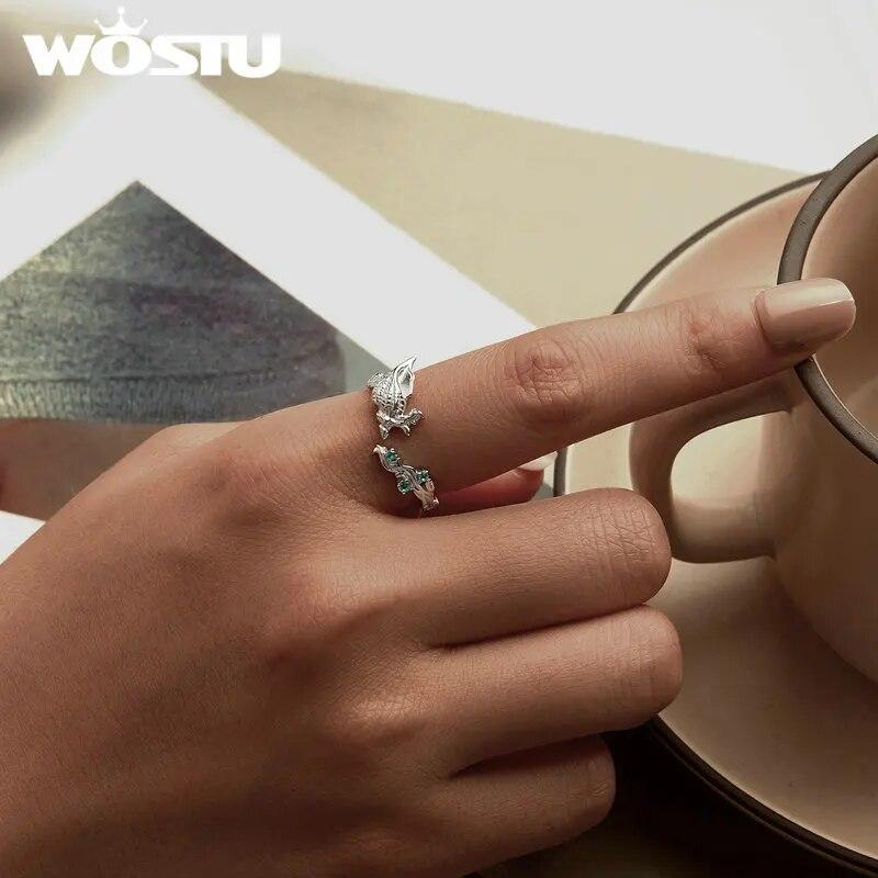 WOSTU Real 925 Sterling Silver Seashell Open Ring For Women Shiny Green Zircon Ocean Party Rings Holiday Gift