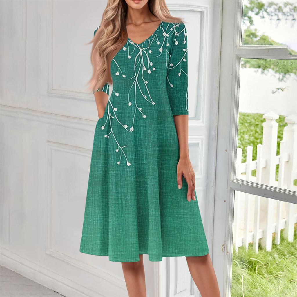 Женское повседневное модное платье миди с V-образным вырезом и рукавом три четверти