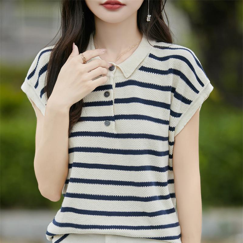 POLO Collar Pure Cotton Knitted Short-sleeved Women's Summer Fashion Versatile Striped T-shirt Sweat-absorbing Base Shirt Top