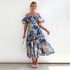 Summer Women Strapless Print Pleated Short Sleeve Ankle Length Fashion Dress