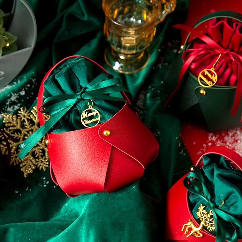 1 шт. Упаковка для яблок 2025 г., новогодний рождественский подарочный пакет, красная зеленая кожаная сумка с ручкой для конфет