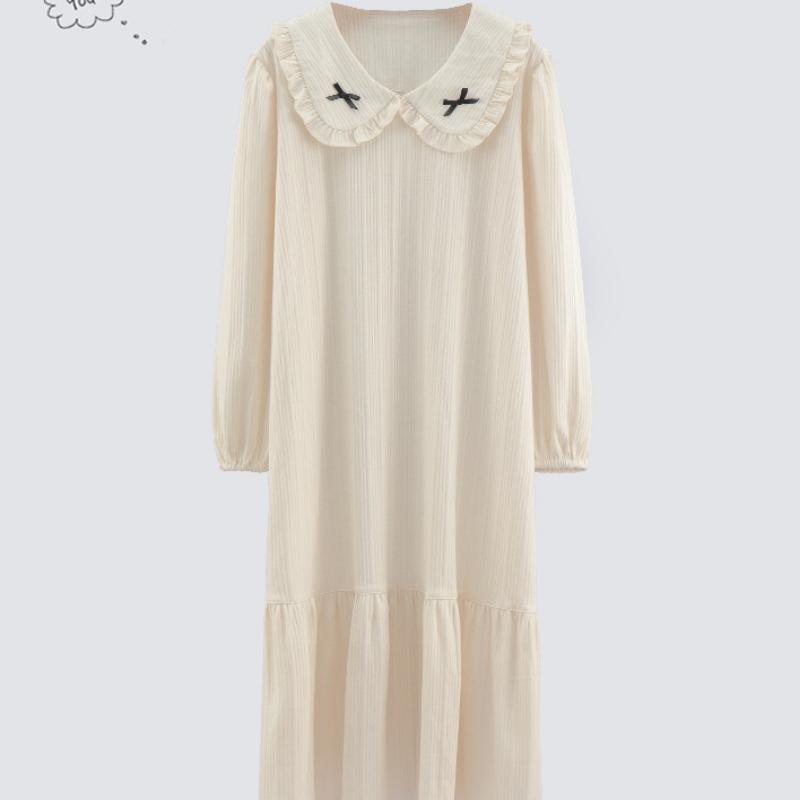 Nightdress Women Sweet Autumn Cotton Long-sleeved Pajama Palace Long Princess Style Home Clothes Chic Midi Dress