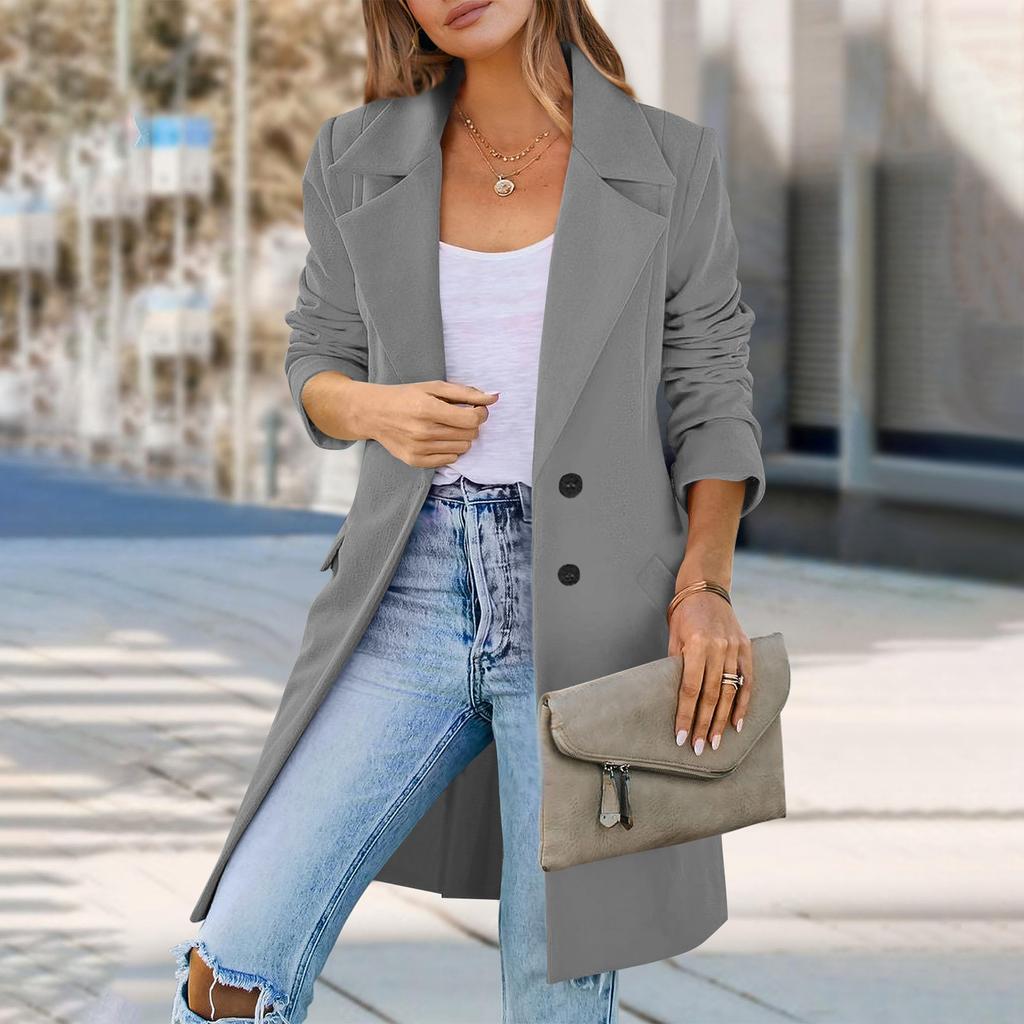 Женское шерстяное пальто средней длины на пуговицах с лацканами