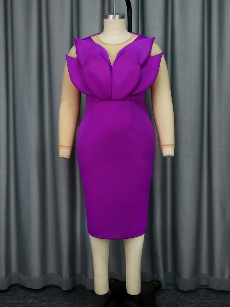 AOMEI Purple Midi Dresses Women O Neck Long See Through Sleeve Empire Evening Cocktail Party Dress