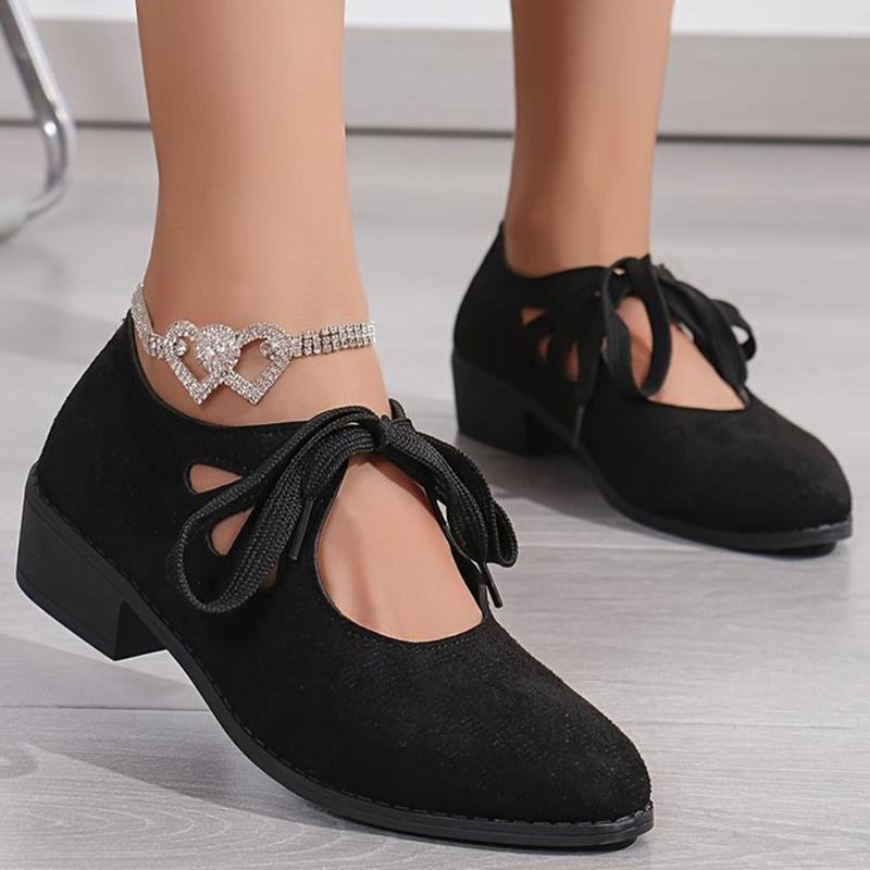 Faux Suede Mid Heel Pumps Women Hollow Out Lace Up Loafers Shoes Woman 2025 Pointed Toe Plus Size Heels Shoes Ladies