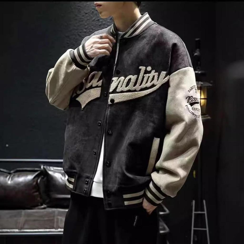 2024 Men's Trendy Oversized Suede Baseball Jacket - Retro American Style for Spring and Autumn
