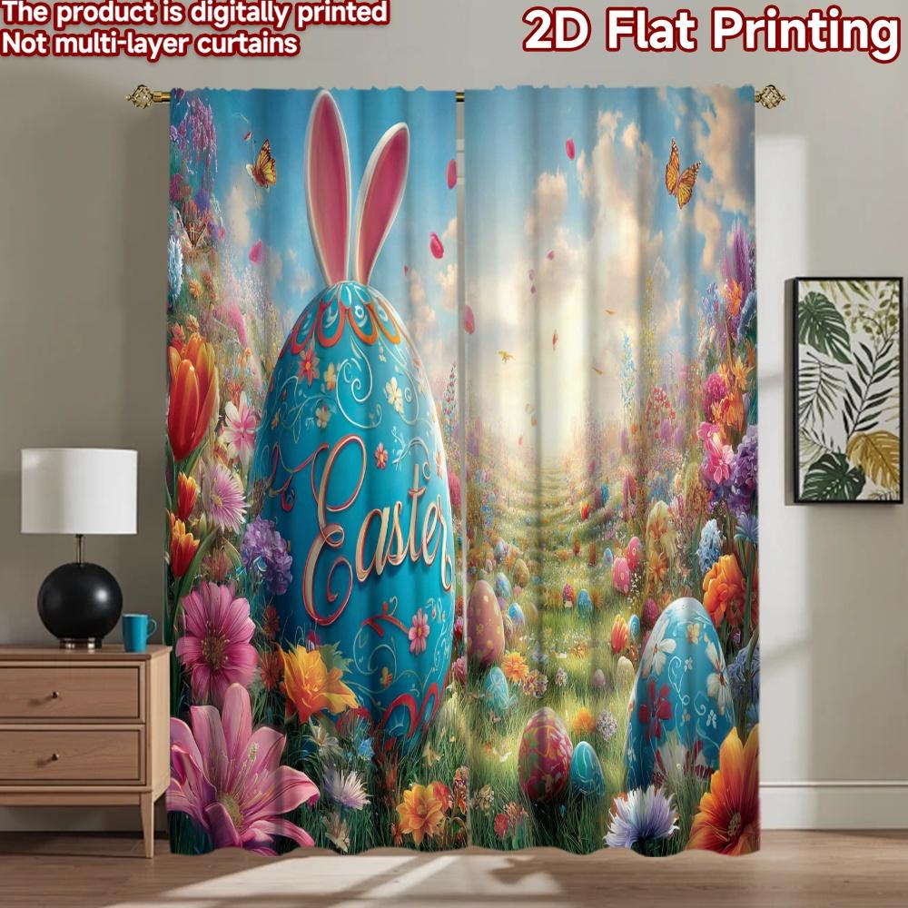 2D flat printing 2pcs Curtain Easter Bunny Flower Meadow Digital Printed Polyester Drapes Festive Holiday for Drapes for Bedroom
