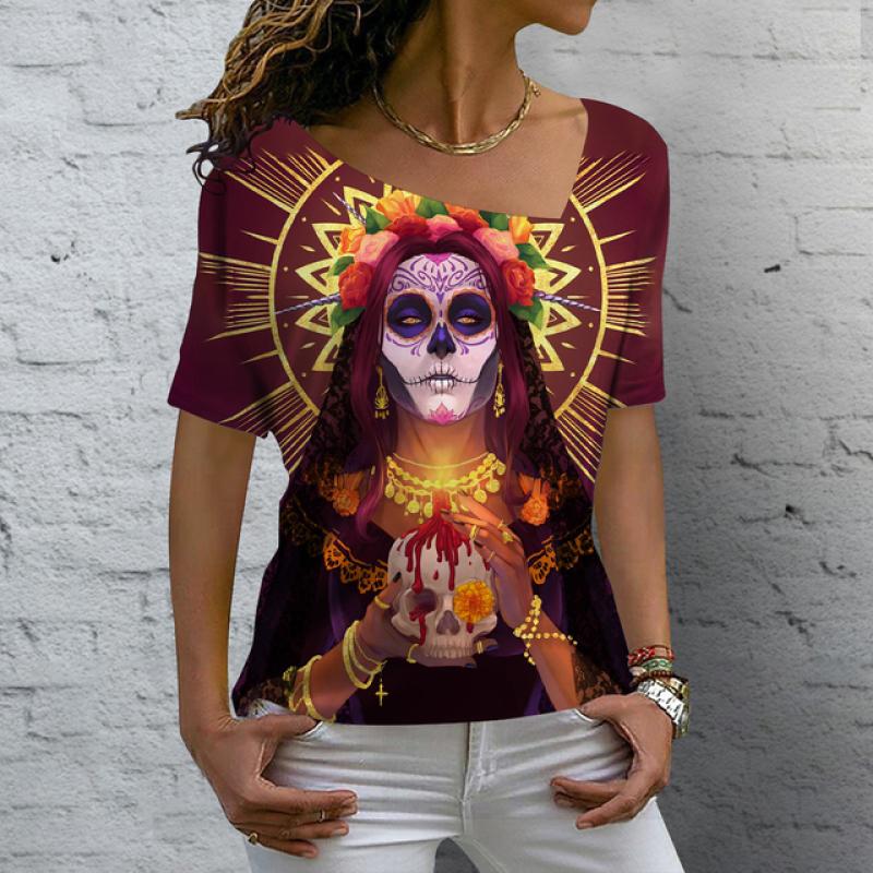 Лето 2023, винтажная женская футболка с изображением черепа, топы с v-образным вырезом, повседневный хлопковый пуловер с короткими рукавами, женская уличная одежда в стиле Харадзюку в стиле панк
