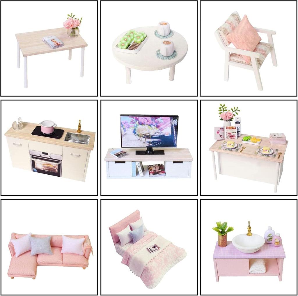 CUTRROOM DIY Миниатюрный деревянный кукольный домик ручной работы Мини-домик с мебелью Масштаб Творческий с музыкой Пылезащитный чехол и комплект светодиодной подсветки, - 124