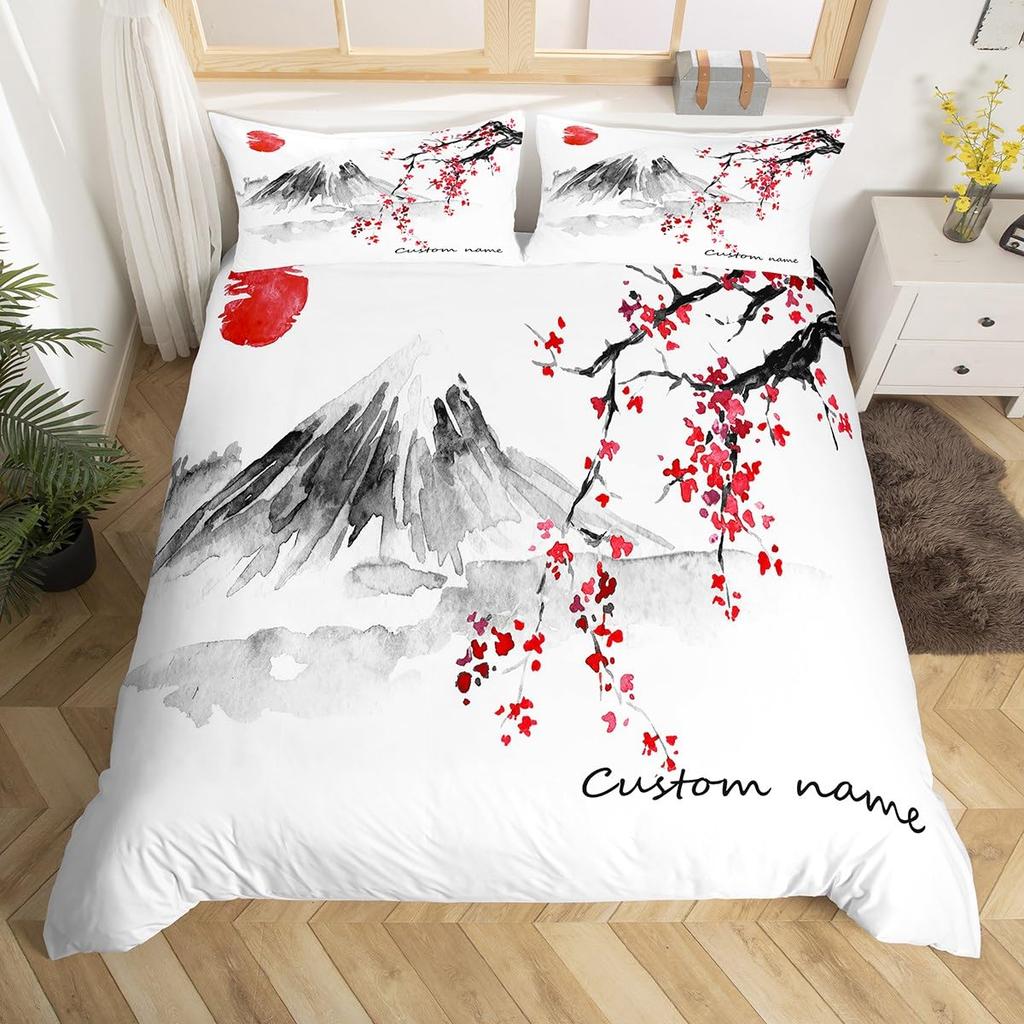 Mount Fuji Duvet Cover Twin Size Kids Cherry Blossoms Comforter Cover Set For Boys Girls Teens Natural Scenery Art Bedding Set
