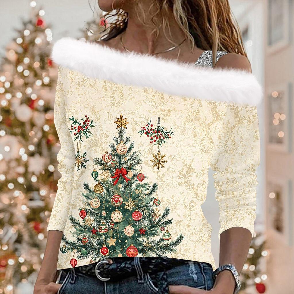 Женские топы с длинным рукавом, модные женские свободные пуловеры с рождественским принтом и открытыми плечами