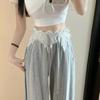 Women's Autumn Gray Sweet Spicy Style Straight-Leg Joggers - Lace Paneled High-Waist Vintage Floor-Length Wide-Leg Casual Pants