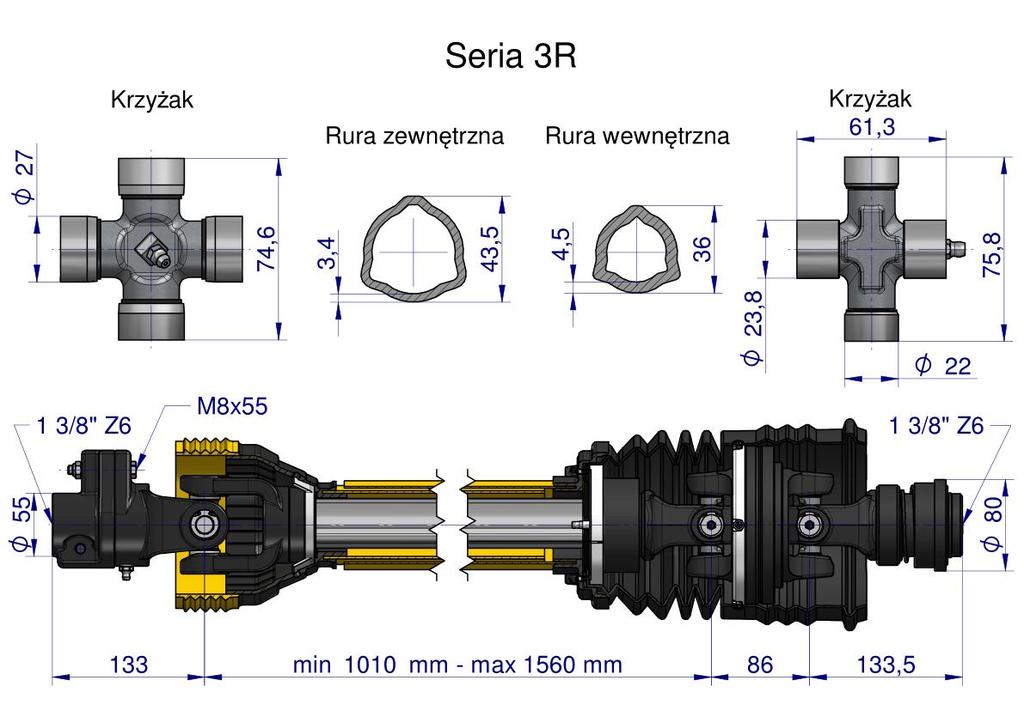 Telescopic PTO shaft 1010-1560mm 460Nm clutch with wide-angle pin CE series 3R WARYŃSKI
