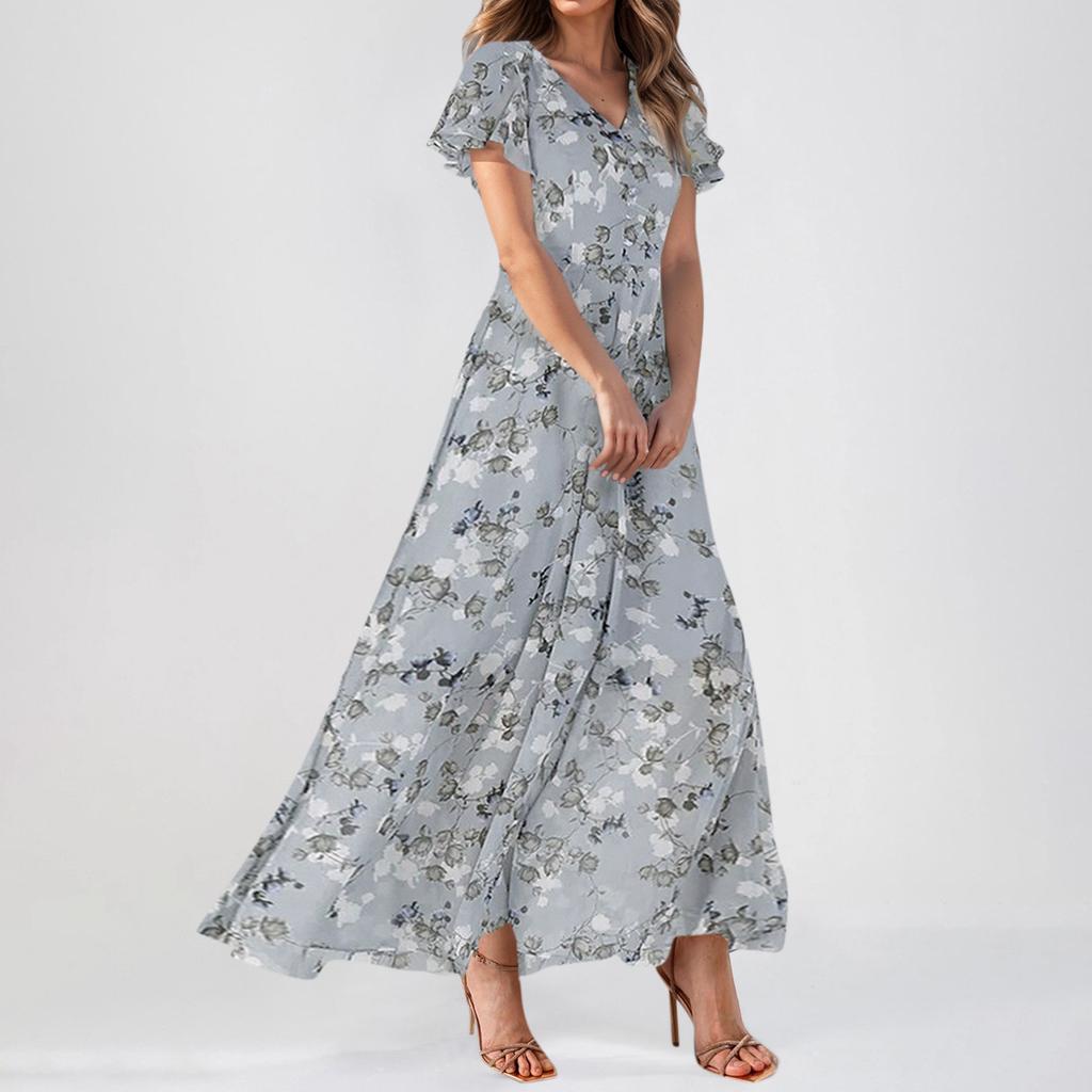 Женское свободное длинное платье с шифоновым цветочным принтом и короткими рукавами с рюшами и V-образным вырезом, модное струящееся платье с талией