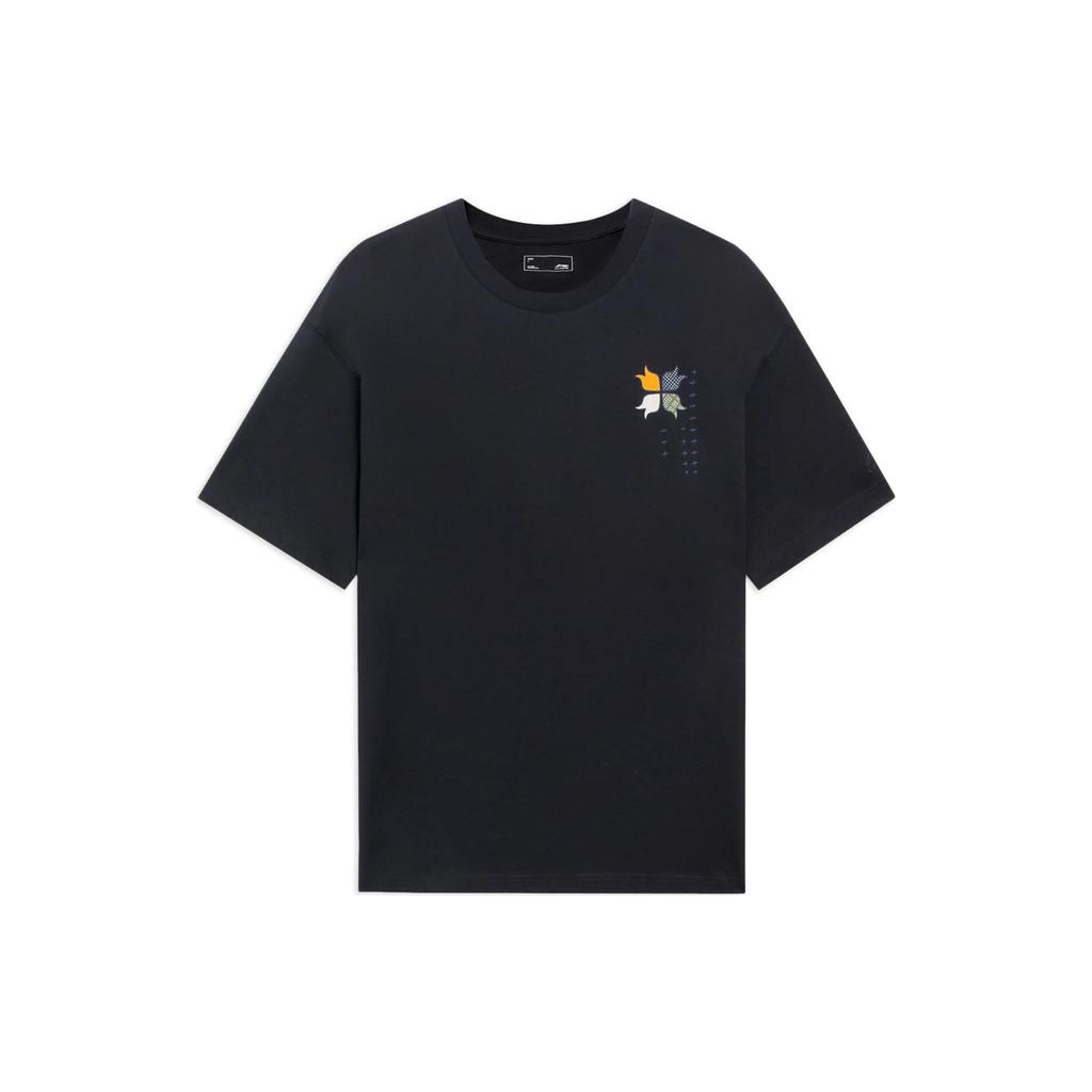 LiNing Loose Floral Print Round Neck T-Shirt Men Tops Black ATSS597-4