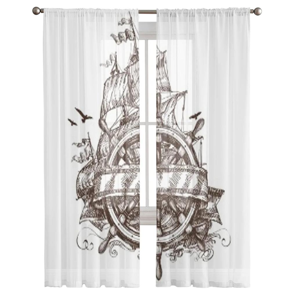 Adventure Vintage Ship Rudder Tulle Sheer Curtains for Living Room the Room Bedroom Kitchen Decoration Voile Organza Curtains