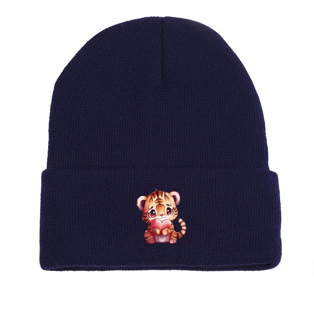 Cute Tiger Heart Warm Knitted Cap Beanie, Animal Woman Cap Lightweight Slouchy Casual Bonnet Knit Hat Beanie