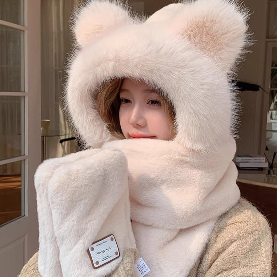 Корейский милый плюшевый комплект из трех предметов для женской осени и зимы Новый шарф, перчатки, шляпа, интегрированная плюс бархатная холодостойкая и теплая шляпа