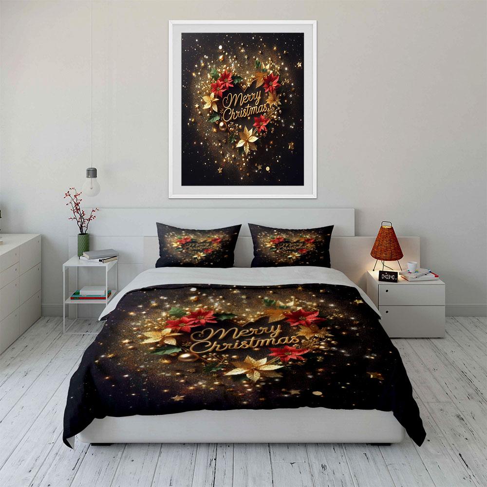 Merry Christmas Golden Wreath Bedding Duvet Cover Set Duvet Cover Pillowcases (1*Duvet Cover 2*Pillowcases, without duvet insert)