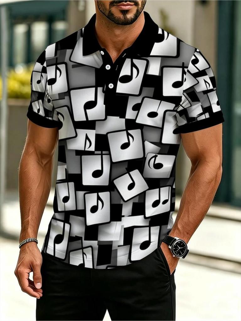 Men's Outdoor Polo Shirt, Mixed Color, Multiple Specifications Available, Polyester Material, 2D Printed Musical Note Pattern, Abstract Modern Design,
