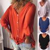 V-Neck Bat Seven-Point Sleeve Back Button T-Shirt Loose Top Women