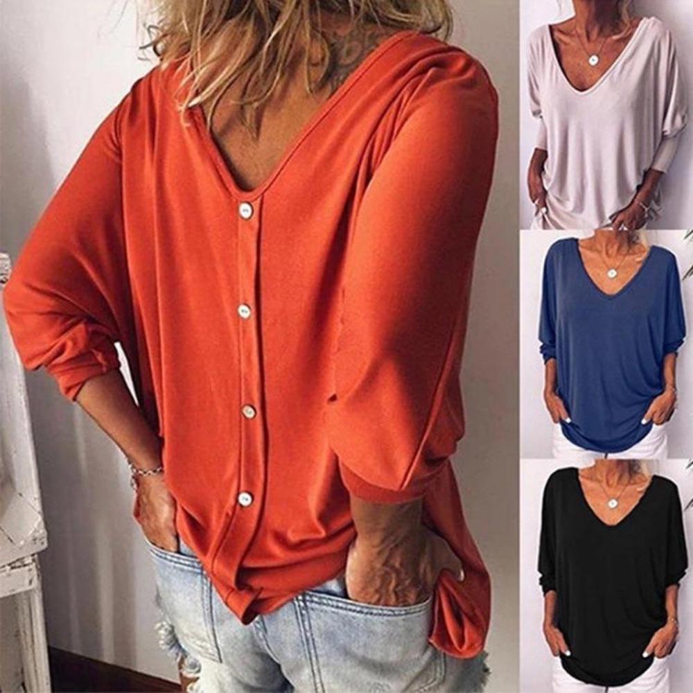 V-Neck Bat Seven-Point Sleeve Back Button T-Shirt Loose Top Women