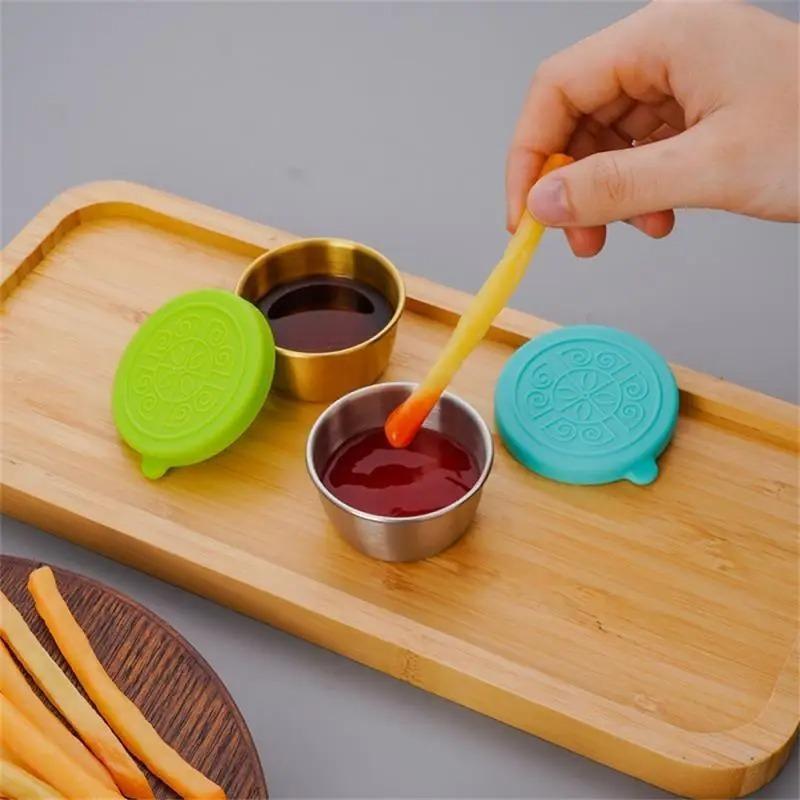 6pcs Multifunctional 304 Stainless Steel Sauce Dish With Silicone Lid, Sealed And Leak-proof Sauce Dish Tool Accessories Preserved Saucer