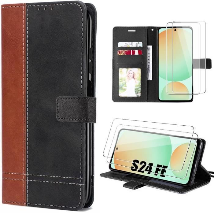 Coque pour Samsung Galaxy S24 FE (pas pour S24) avec 2 Verres Trempés - Protection Effet Cuir Marron-Noir